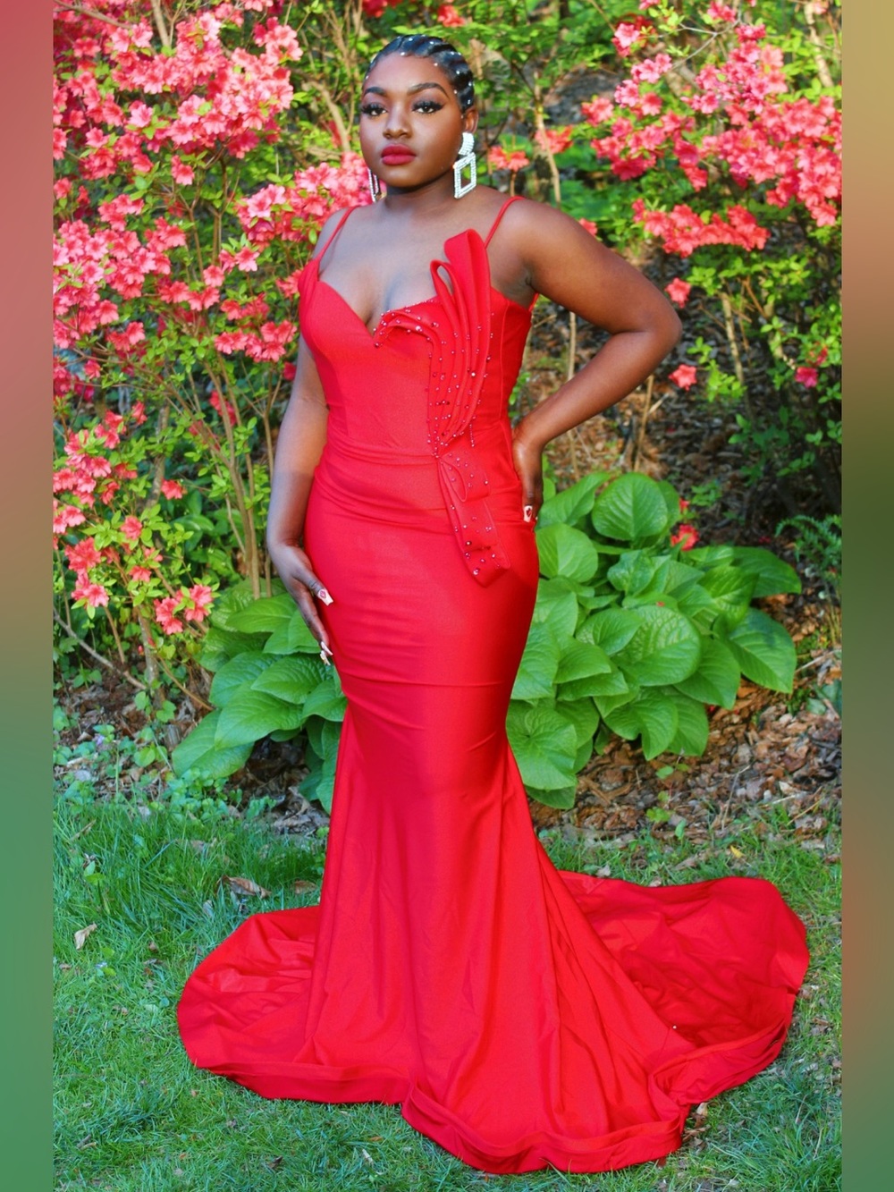 Red Strap Mermaid Prom Gown with Sculpted Bow Detail - Women Dresses